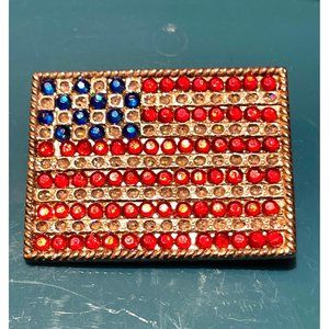 American Flag Rhinestone Brooch Unisex Red White Blue Silver-tone Pin Jewelry